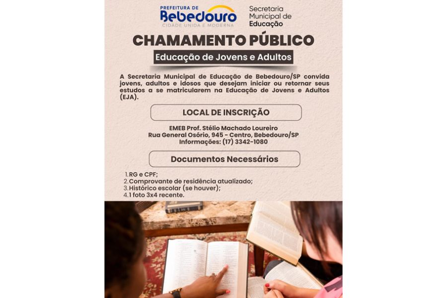 SEMEB tem inscrições abertas para Educação de Jovens e Adultos (EJA)
